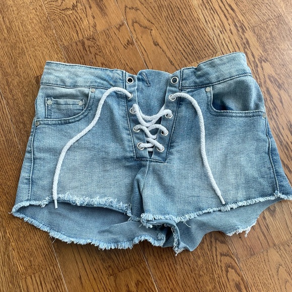 Blue Denim Shoelace Shorts - Picture 1 of 2